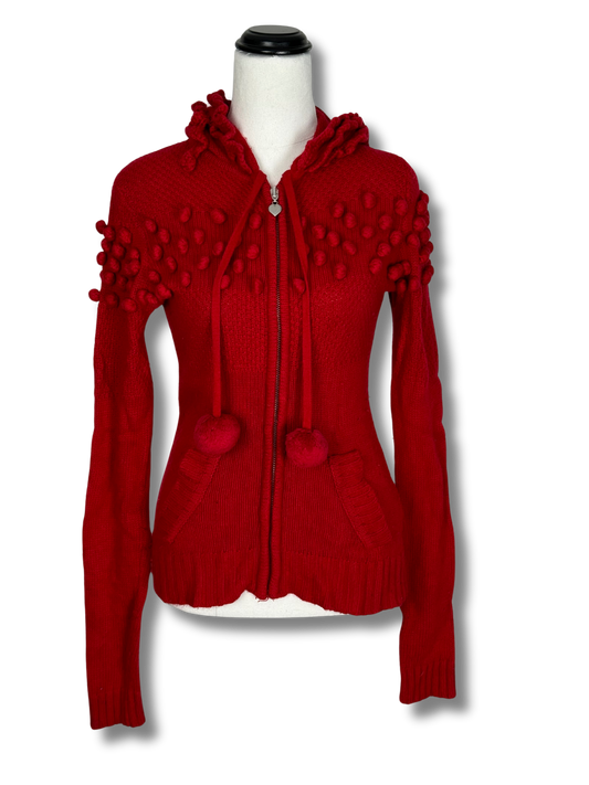 Alannah Hill Red Cardigan with Hood and Pom Poms