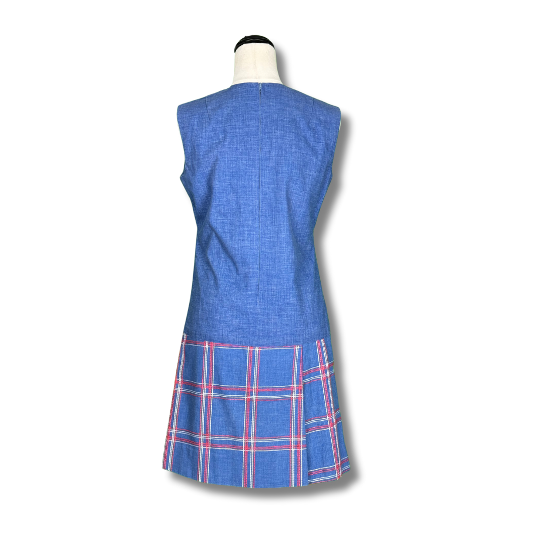 Vintage 1960s Sleeveless Chambray & Tartan Dress