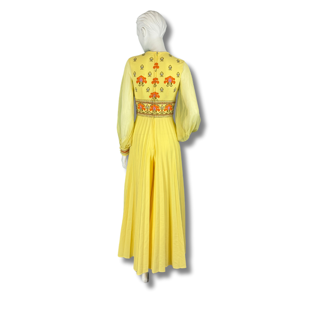Vintage 1970s Yellow Embroidered Empire Waist Jumpsuit