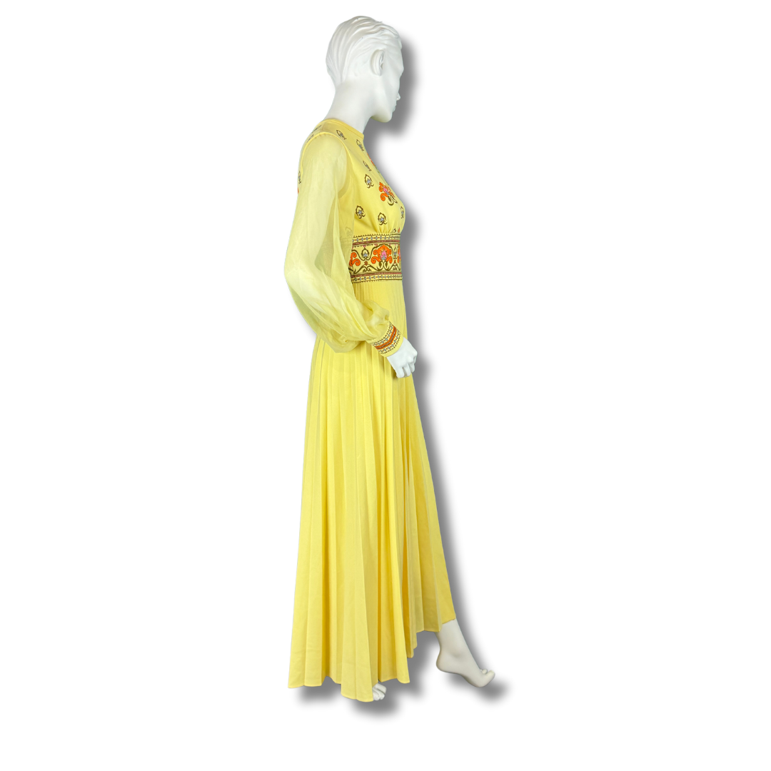 Vintage 1970s Yellow Embroidered Empire Waist Jumpsuit