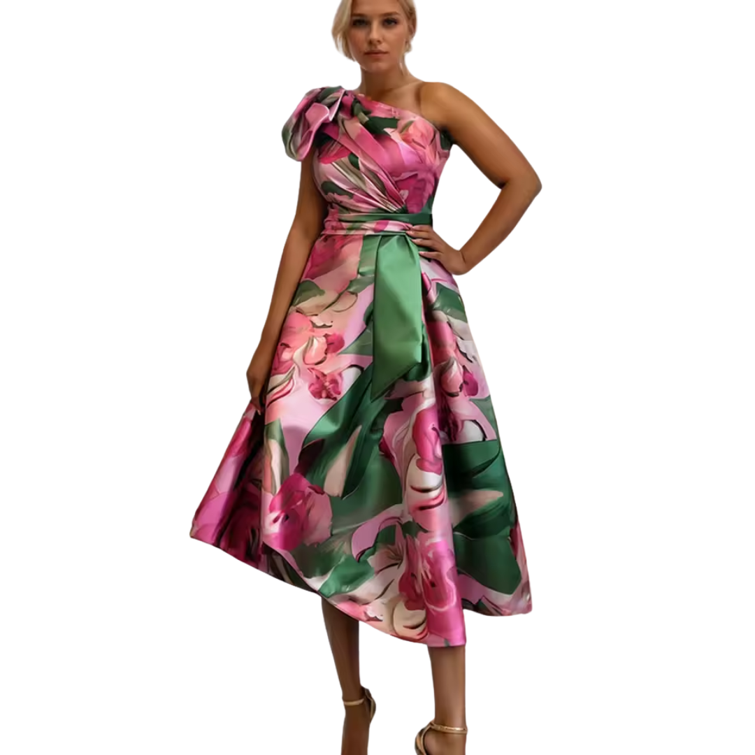 One-Shoulder Pink Floral Sateen Dress (Sample)