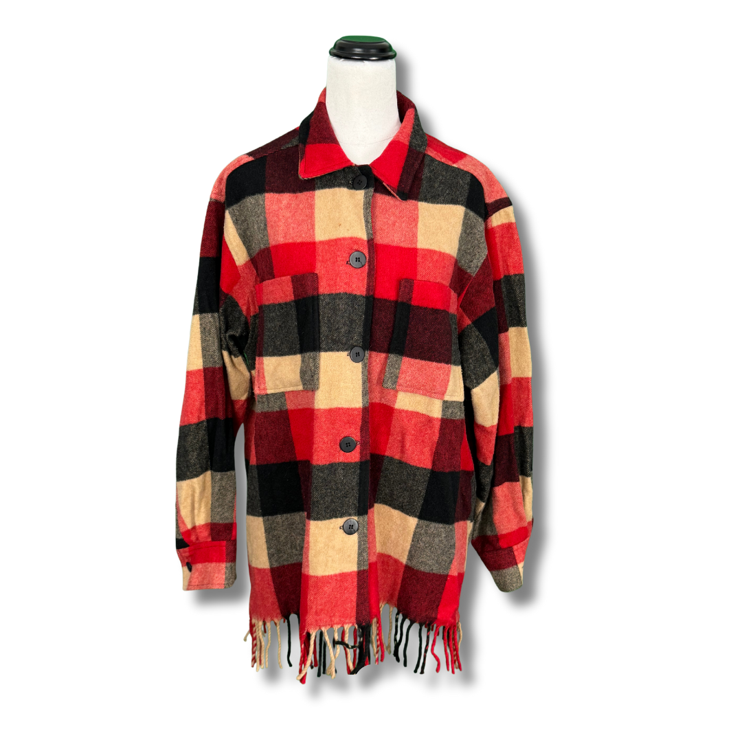 Vintage Plaid Blanket Coat with Fringe