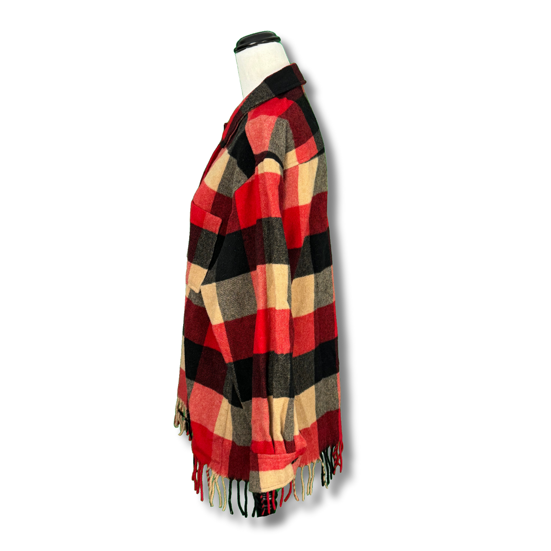 Vintage Plaid Blanket Coat with Fringe