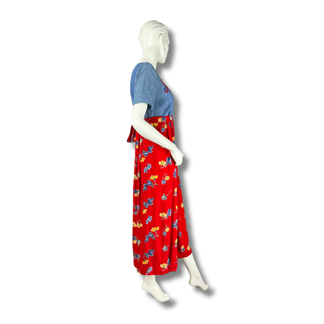 Jeffrey & Dara Vintage 1980s Red Floral Denim Jumpsuit