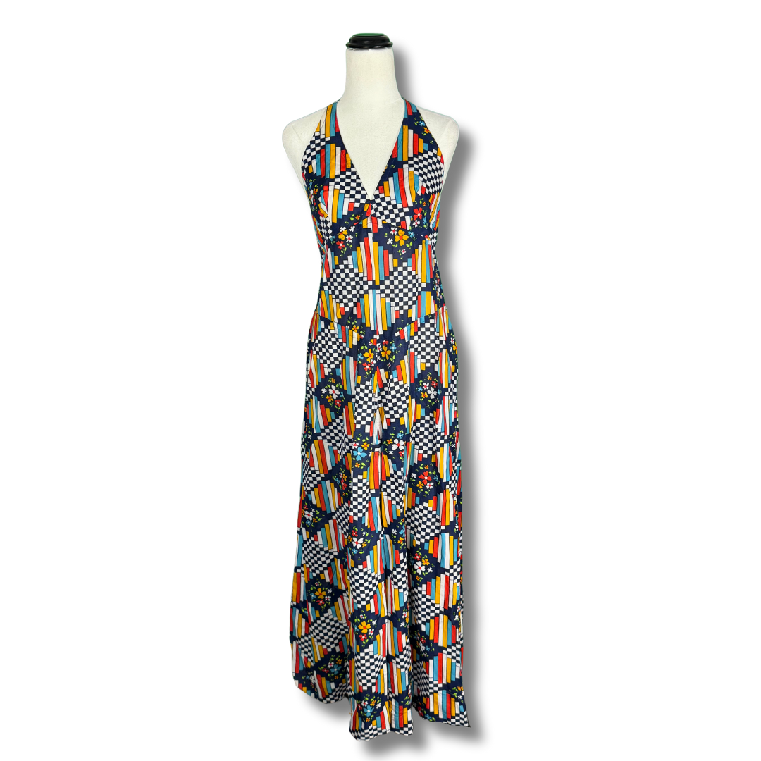 Handmade Vintage 1970s Maxi Psychedelic Plaid Pattern Dress