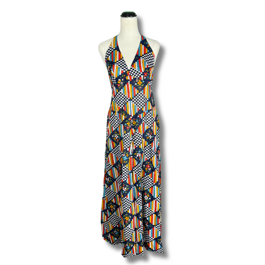 Handmade Vintage 1970s Maxi Psychedelic Plaid Pattern Dress