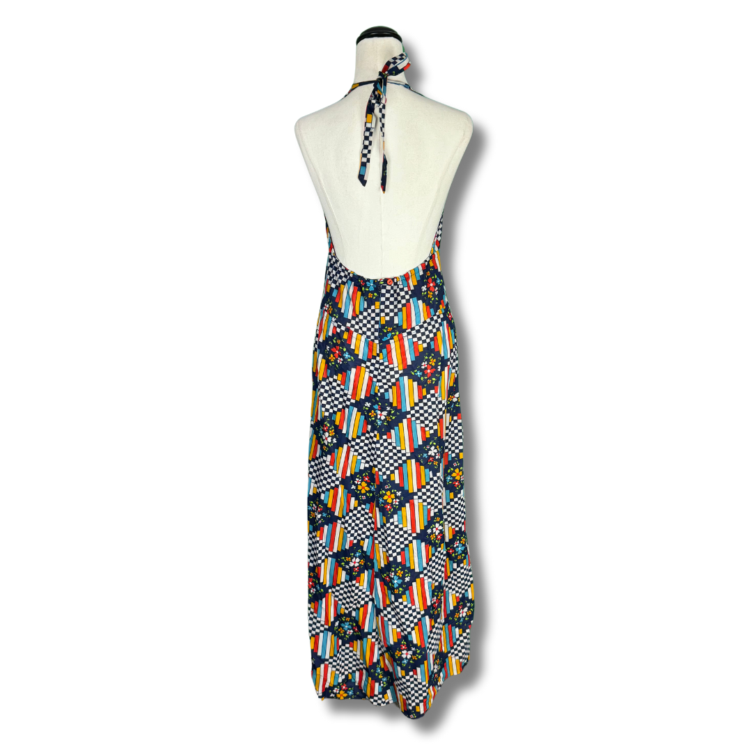 Handmade Vintage 1970s Maxi Psychedelic Plaid Pattern Dress