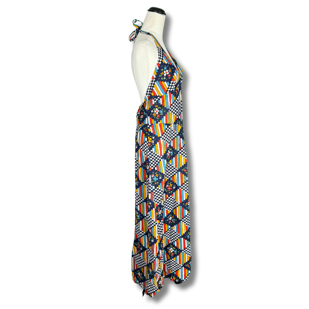 Handmade Vintage 1970s Maxi Psychedelic Plaid Pattern Dress