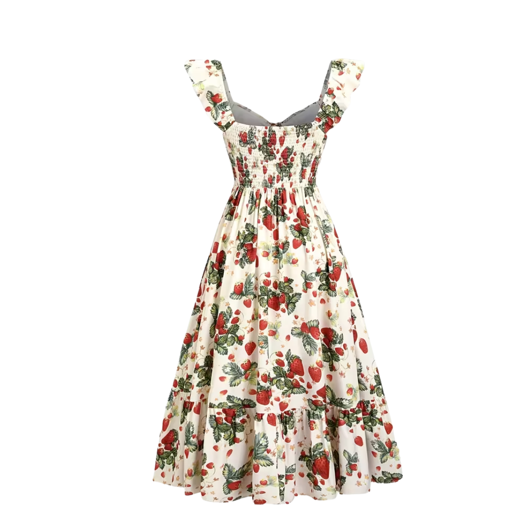 Vintage Strawberry Ruffle Midi Dress