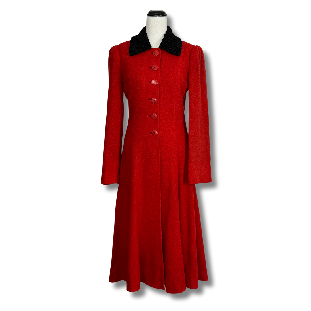 Famous-Barr Co. Vintage 1940s Red Wool Coat with Black Collar