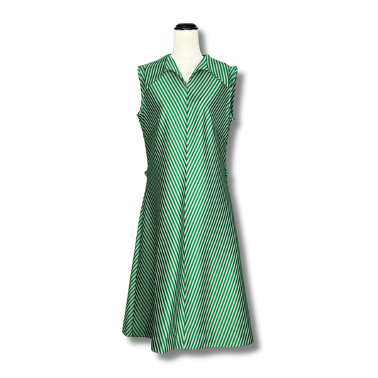 Handmade 1970s Green Chevron Dagger Collar Shift Dress