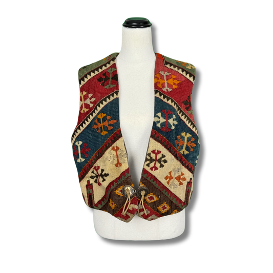 Hester Santa Fe 1970s Vintage Kilim-Style Woven Vest with Concho Detail