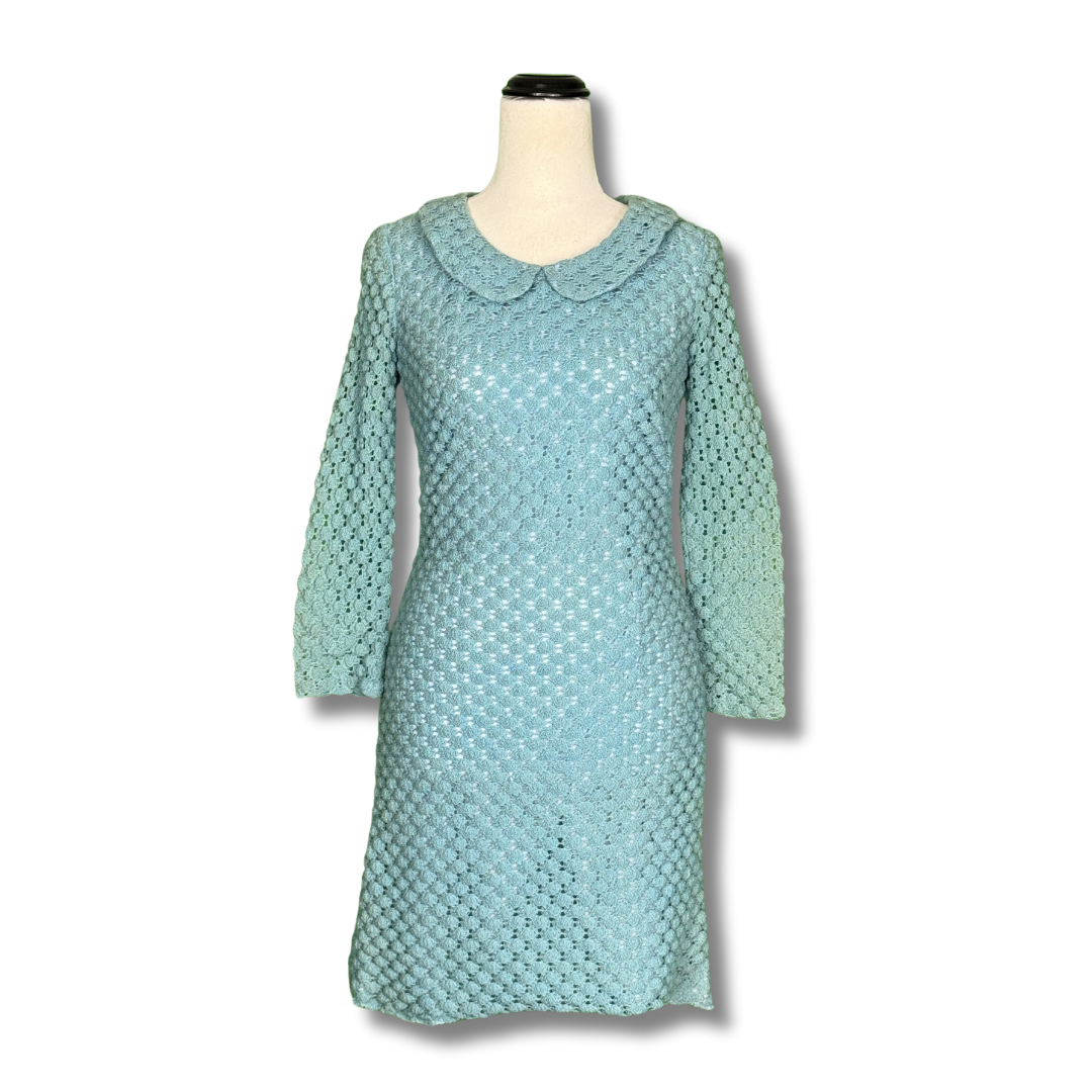 Ricki Reed Vintage 1960s Textured Crochet Blue Dress with Peter Pan Collar