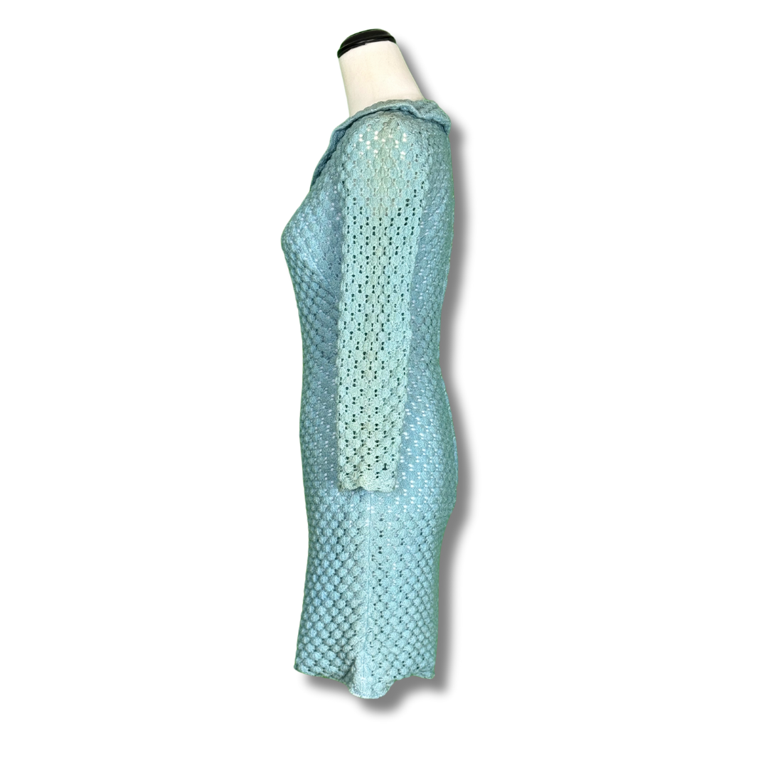 Ricki Reed Vintage 1960s Textured Crochet Blue Dress with Peter Pan Collar