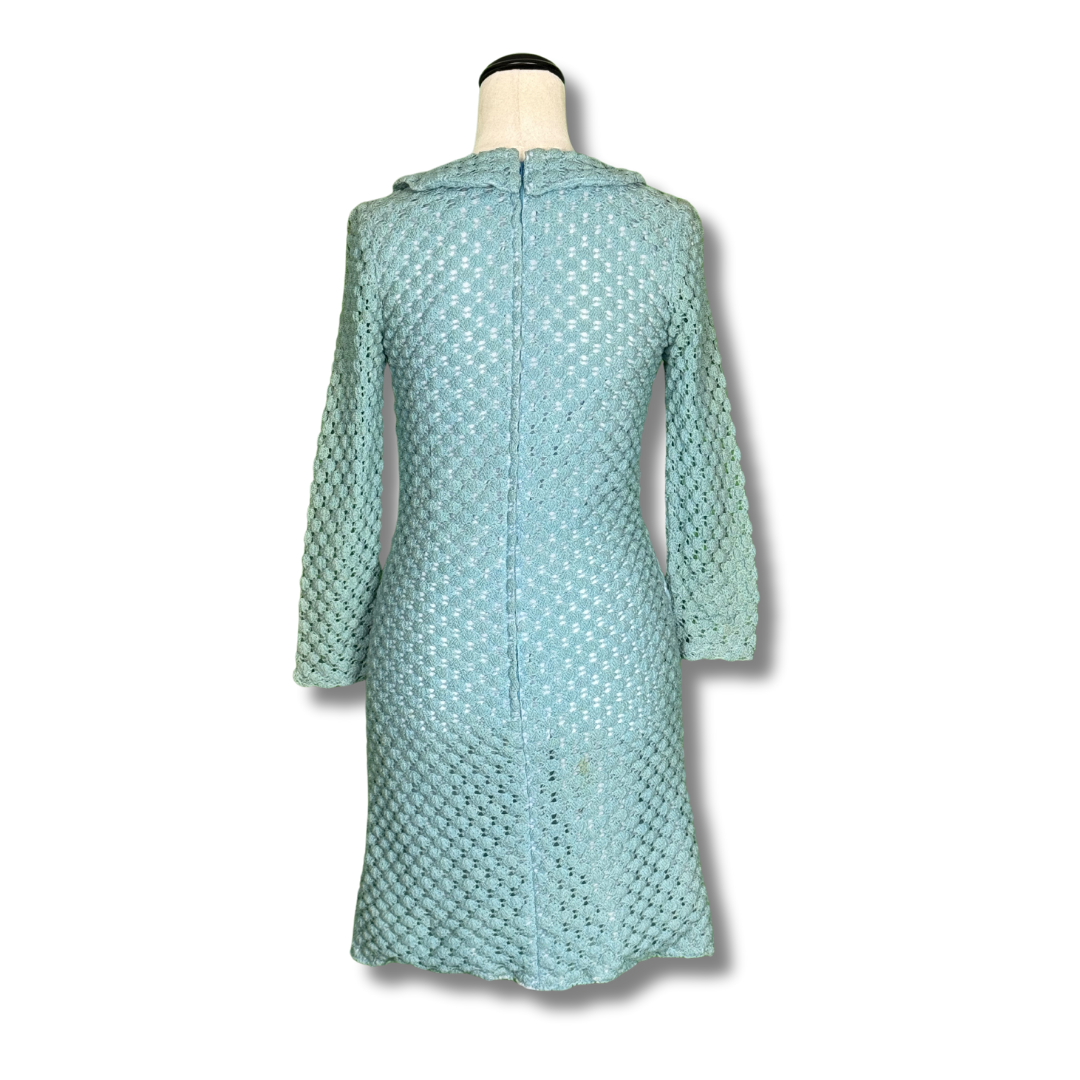 Ricki Reed Vintage 1960s Textured Crochet Blue Dress with Peter Pan Collar