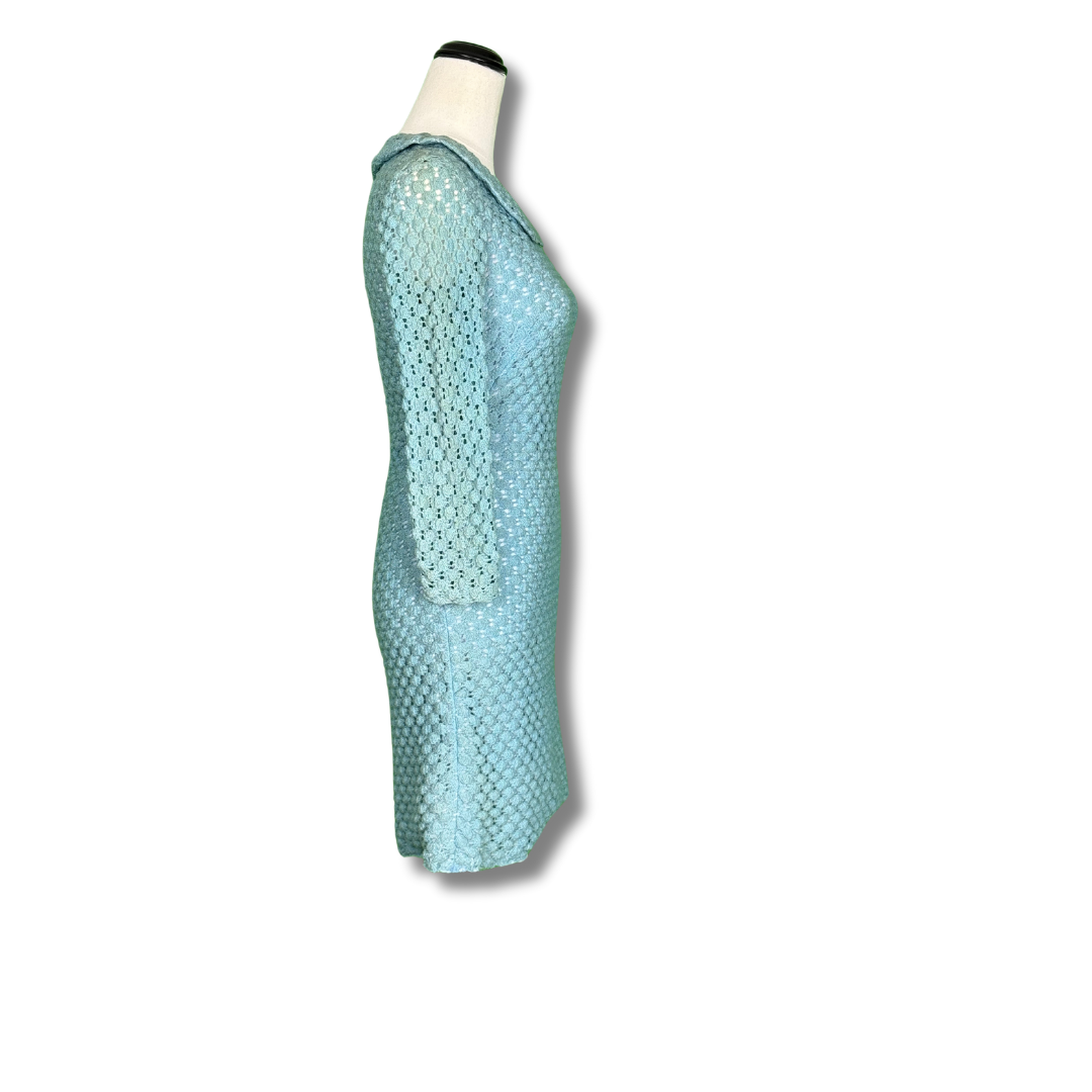 Ricki Reed Vintage 1960s Textured Crochet Blue Dress with Peter Pan Collar