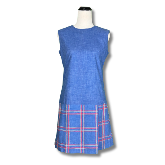 Vintage 1960s Sleeveless Chambray & Tartan Dress