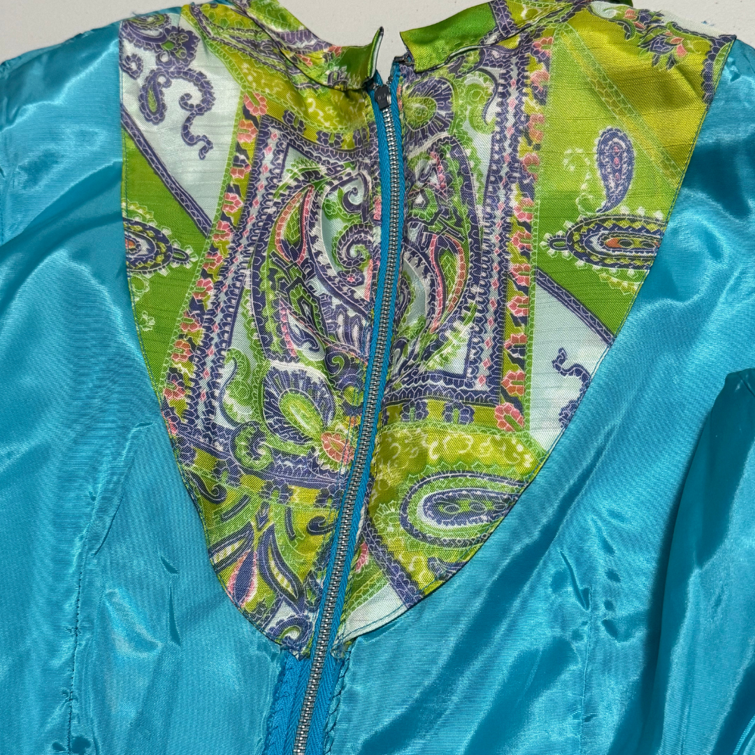 Vintage Late 1960s Turquoise Suit with Paisley Collar