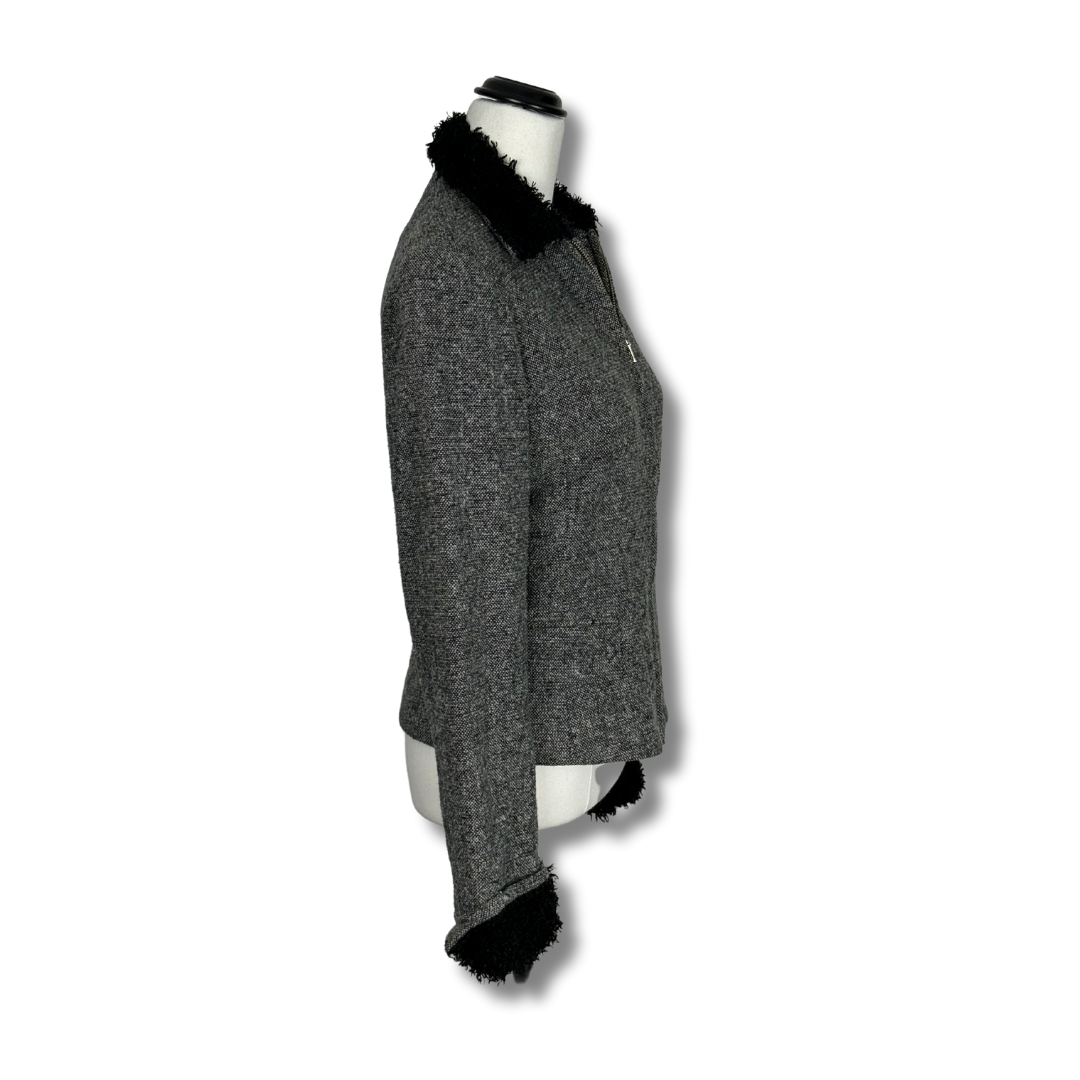 Cue 90s Grey Woollen Jacket with Faux Fur Trim