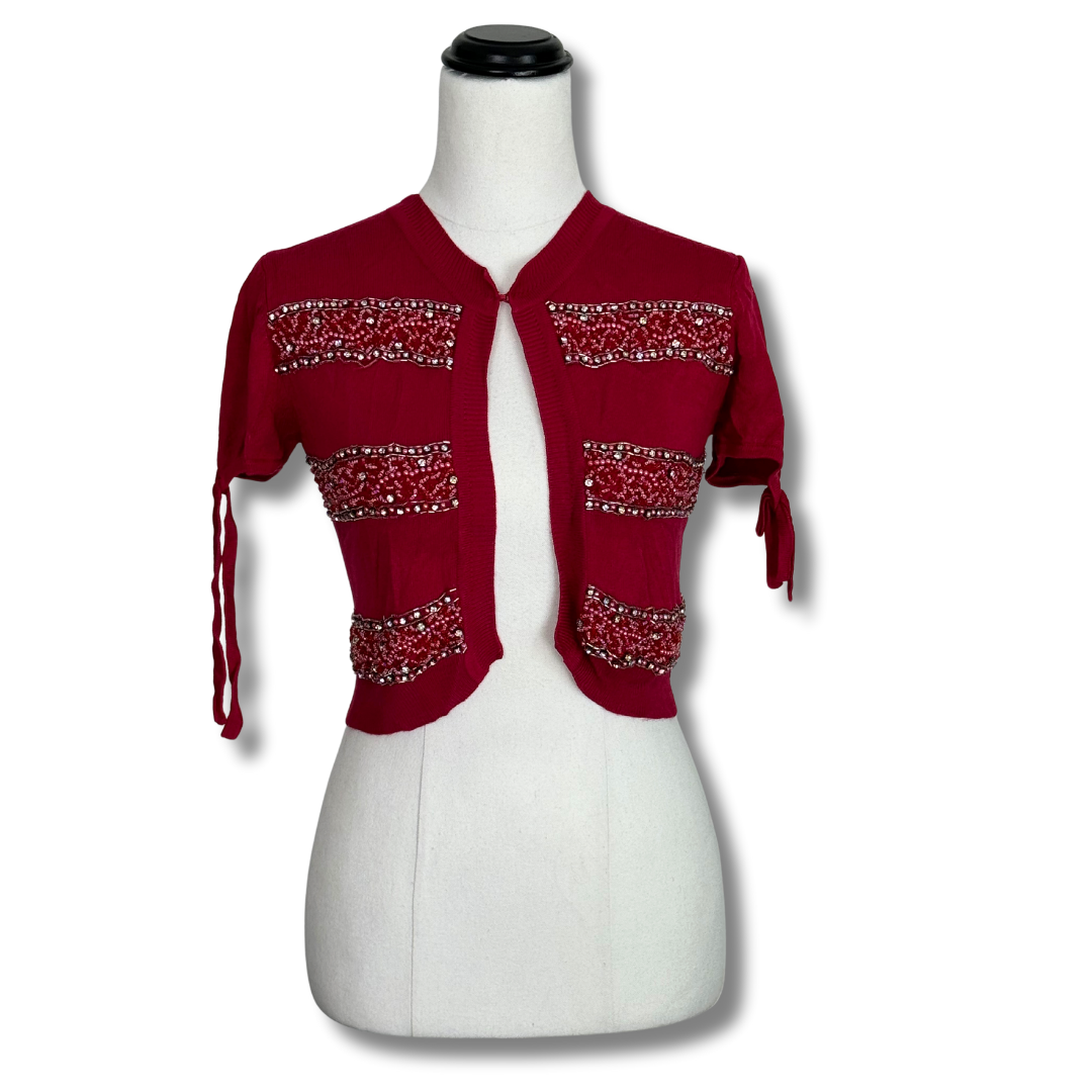 Alannah Hill Red Beaded Cardigan with Sleeve Ties
