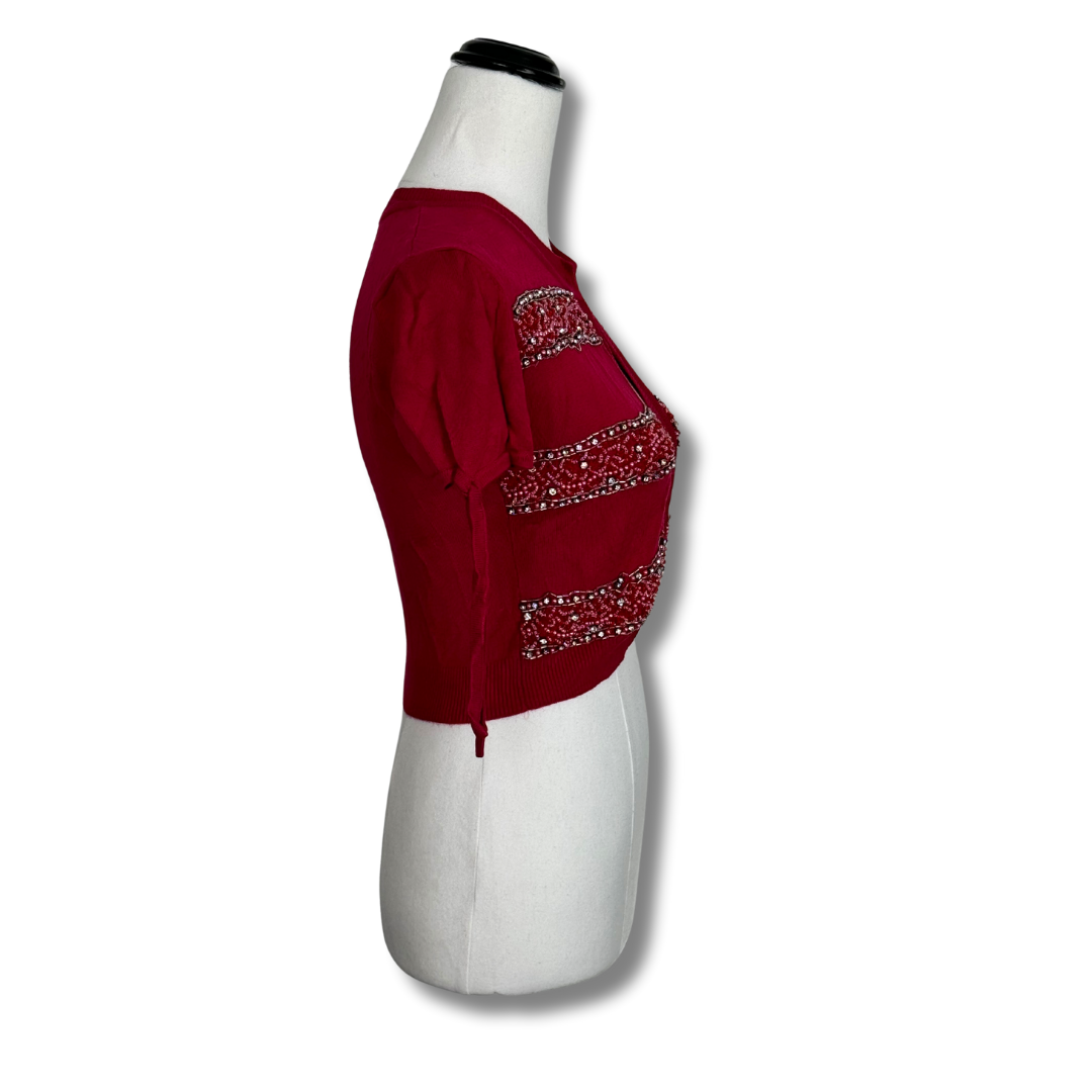 Alannah Hill Red Beaded Cardigan with Sleeve Ties
