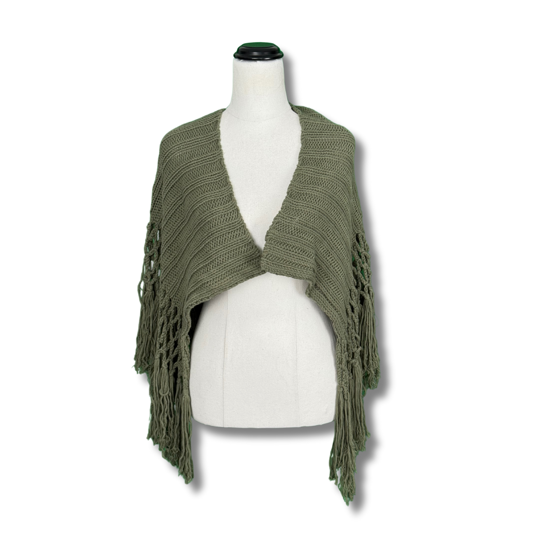 Olive Boho Vintage Knit Shawl with Macrame Fringe