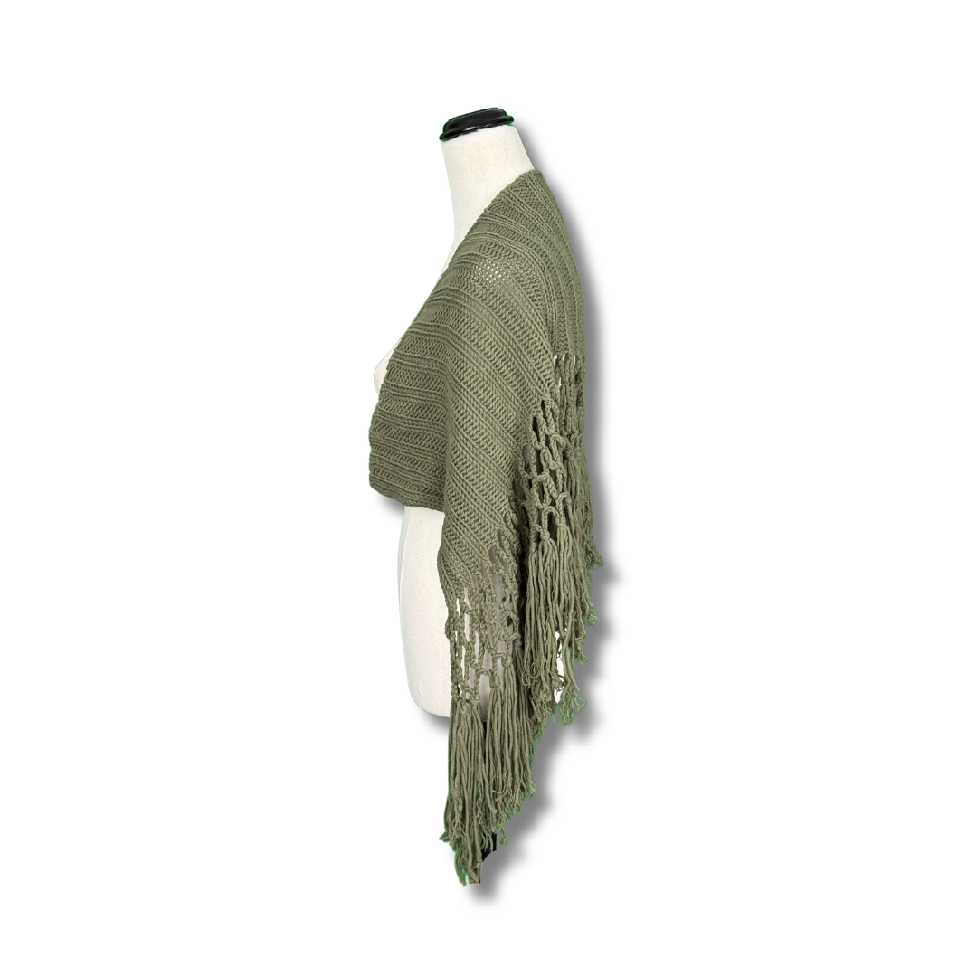 Olive Boho Vintage Knit Shawl with Macrame Fringe