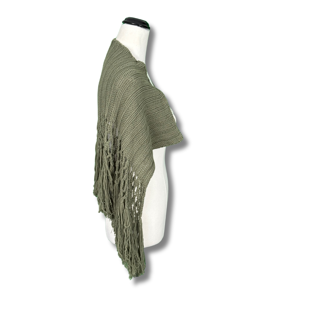 Olive Boho Vintage Knit Shawl with Macrame Fringe