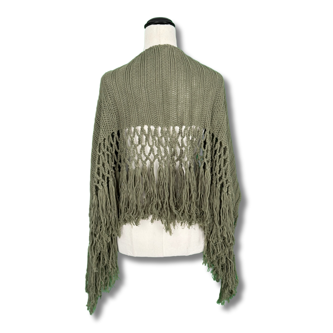 Olive Boho Vintage Knit Shawl with Macrame Fringe