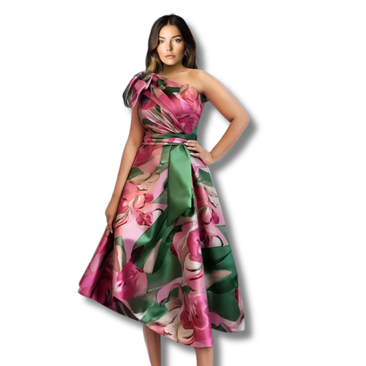 One-Shoulder Pink Floral Sateen Dress (Sample)