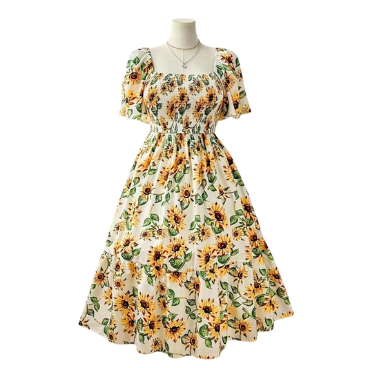Sunflower Shirred Midi Dress (Sample)