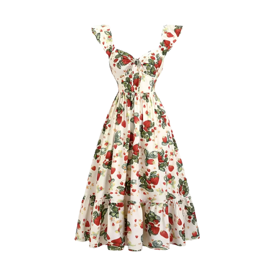 Vintage Strawberry Ruffle Midi Dress