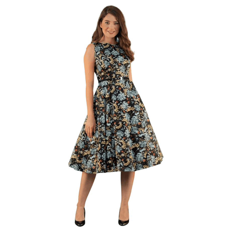 Hepburn dress in teal floral print