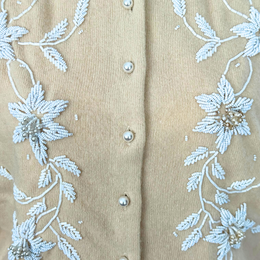 The Island Sweater Shop 1960s Bahamas Beige Embroidered Cardigan
