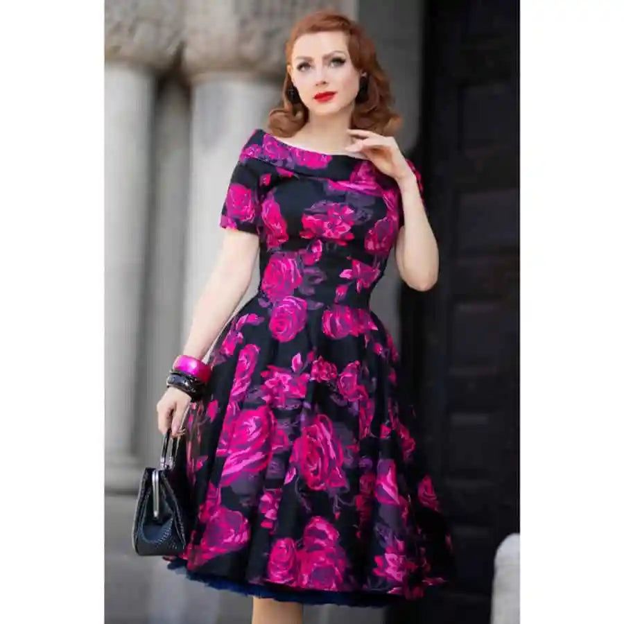 Dolly & Dotty Darlene Dress in Black & Pink Roses